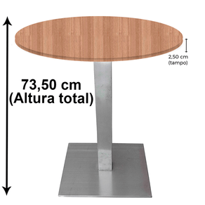 Mesa Quadrada Alpha Inox Prata 73,50 cm (Altura) Tampo MDP Redondo 60 cm Noce Naturalle (Larg)