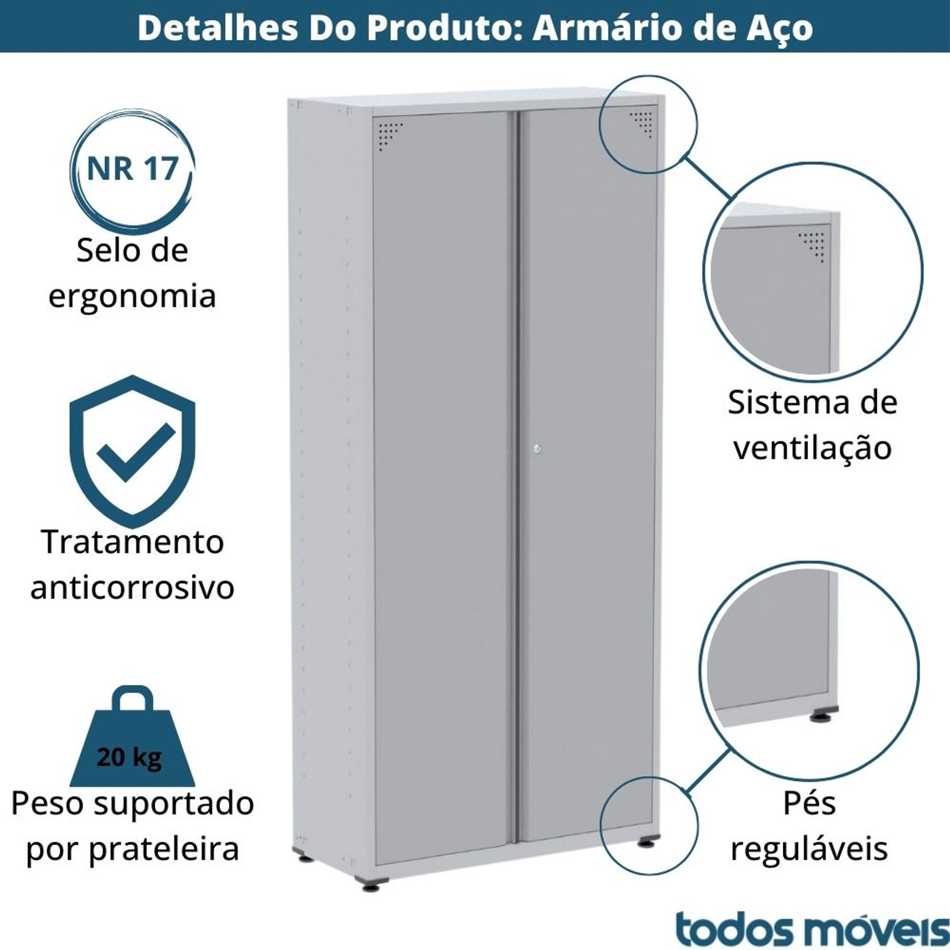 Armário Alto 2 portas Pandin 90 cm (Largura) Inmetro Estrutura Aço