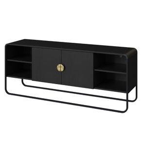 Rack-Organico-Luna-Artesano-150-cm--larg--em-MDP-Nero-Duas-Gavetas-Base-Metal-Preto