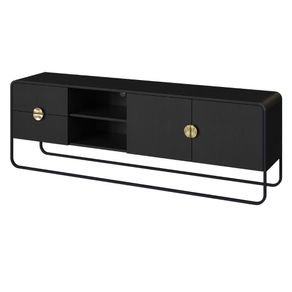 Rack-Organico-Luna-Artesano-180-cm--larg--em-MDP-Nero-Duas-Gavetas-Base-Metal-Preto