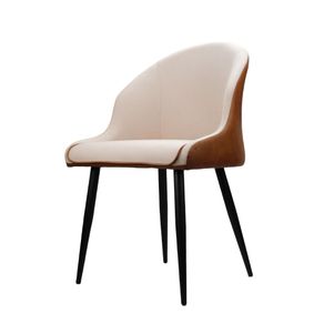 Cadeira-Louise-Rivatti-Encosto-PU-Marrom-e-Estofado-Linho-Cru-com-Base-de-Aco-Pintado